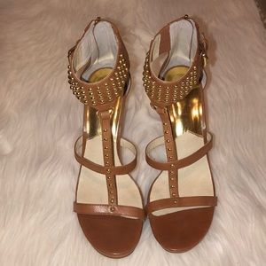 Michael Kors Brown Leather Gold Stud Strap Heels